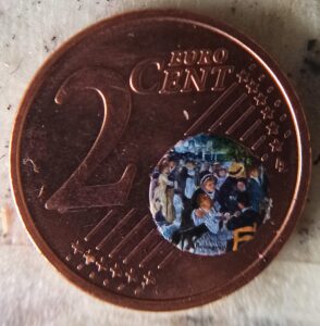 Stefano Busonero: Riproduzione del Bal au Mouline de la Galette dentro il mappamondo della moneta da due centesimi.